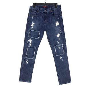 7 FOR ALL MANKIND GIRLFRIEND RELAXED SKINNY DISTRESSED PATCH WORK STRETCH JEANS